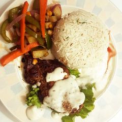 Teragon steaks with garlic rice and vegs A picture of Teragon steaks with garlic rice and vegs.