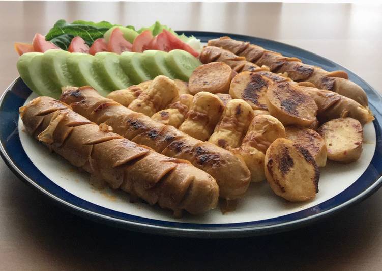 Sosis,cikuwa,baso kepiting bakar (wajan Teflon)