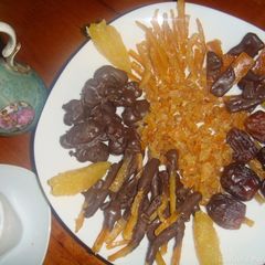 A picture of Orange peels- dates and raisins chocolate candy.