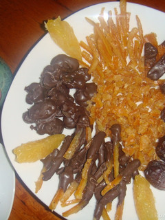 A picture of Orange peels- dates and raisins chocolate candy.