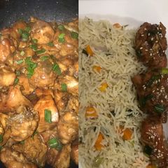 A picture of Vegetable fried rice with teriyaki chicken.