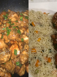 A picture of Vegetable fried rice with teriyaki chicken.