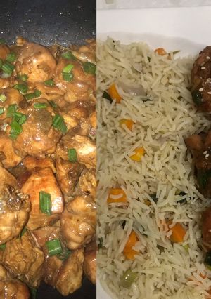 A picture of Vegetable fried rice with teriyaki chicken.