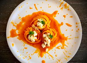 Foto di CHITARRA CREMA DI PEPERONE GIALLO, 'NDUJA, BACCALÀ MARINATO