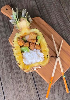 صورة لوصفة دجاج صيني حامض حلو يعجب اللي يحب طعم السويت في الاكل مرره لذيذ 😍🍍🍍