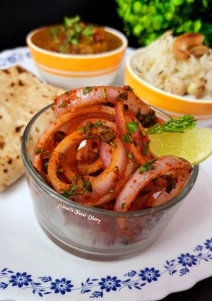 A picture of Laccha Pyaz or Masala Pickled Onions.