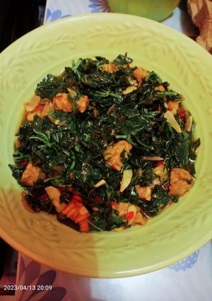 Foto resep Oseng pedas daun singkong + tempe