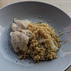 Healthy poached chicken w/ bulgur wheat A picture of Healthy poached chicken w/ bulgur wheat.