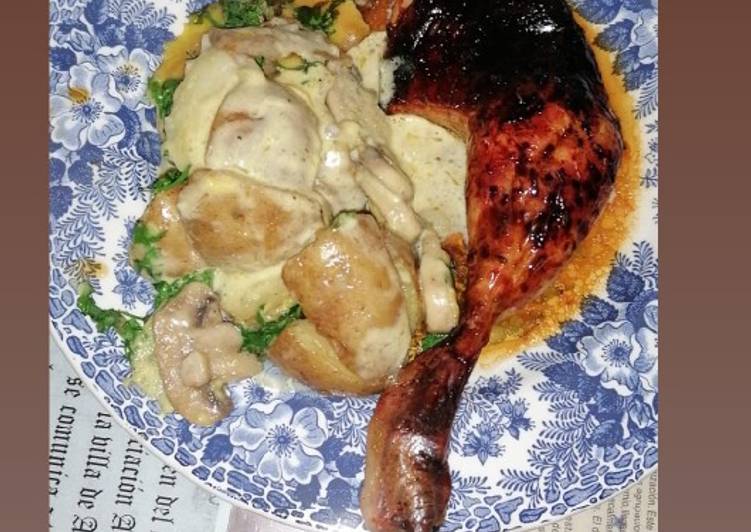 Pollo a la miel con papas al ajillo