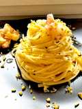 Lemon Tagliolini with Shrimp and Crushed Pistachios