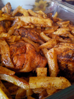 A picture of Simplest chicken grill with potatoes.