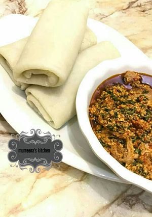 A picture of Rolled pounded yam wt egusi soup.