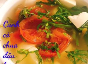 Hình của món Rau muống luộc + Canh cà chua đậu hủ non.