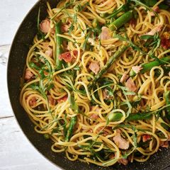 A picture of Buttery Lemon Salmon Spaghetti With Spring Greens.