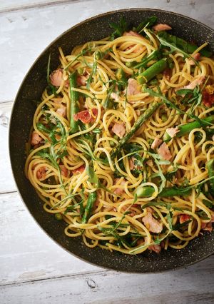 A picture of Buttery Lemon Salmon Spaghetti With Spring Greens.