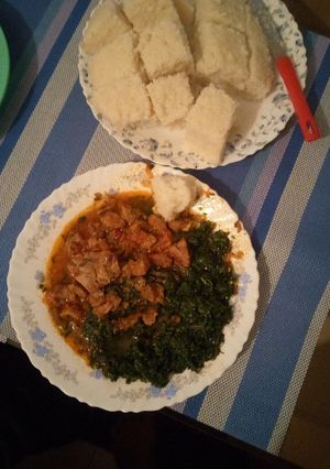 A picture of Ugali, mchicha and beef.