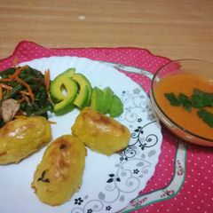A picture of Baked potato croquettes with pumkin/carrot/tomato soup.