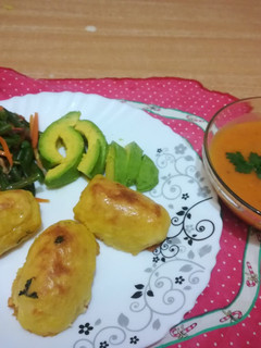 A picture of Baked potato croquettes with pumkin/carrot/tomato soup.