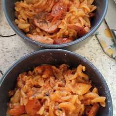 Red lentil flour pasta gluten free, with gluten free German sausage-レシピのメイン写真