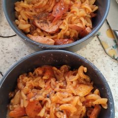 A picture of Red lentil flour pasta gluten free, with gluten free German sausage.