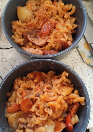 A picture of Red lentil flour pasta gluten free, with gluten free German sausage.