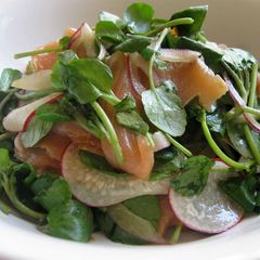 A picture of Watercress Salmon Salad with Wasabi Dressing.