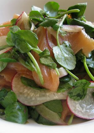 A picture of Watercress Salmon Salad with Wasabi Dressing.