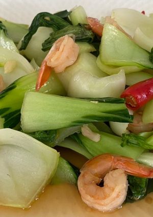 A picture of Stir Fried Baby Pak Choi with Prawns.