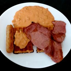A picture of My Bacon,Sausage & Cheesy Beans on Toasted Waffles 🤩.
