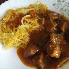 Smoked beef stew with buttered cabbage A picture of Smoked beef stew with buttered cabbage.