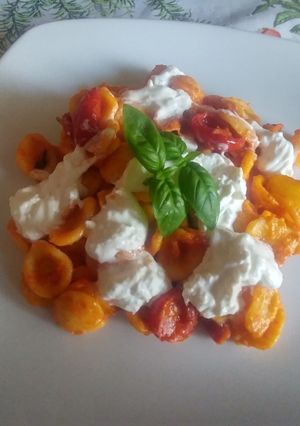 A picture of Orecchiette with Burrata, Confit Cherry Tomatoes & Coppa.