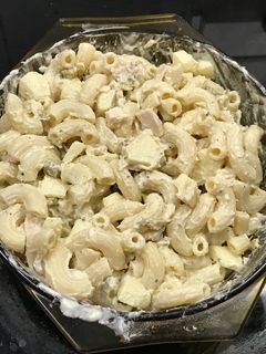 A picture of Cold pasta chicken salad.