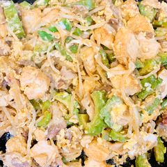 A picture of Tofu, Bitter melon, Pork and Egg Stir fry.