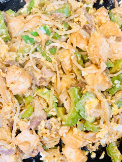 A picture of Tofu, Bitter melon, Pork and Egg Stir fry.