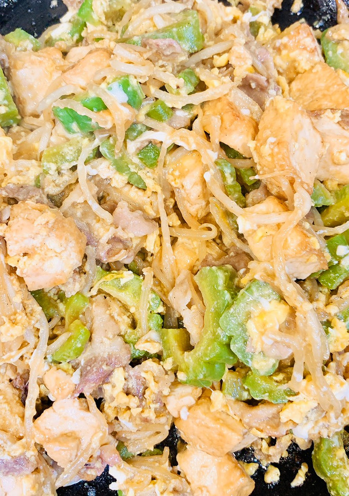 A picture of Tofu, Bitter melon, Pork and Egg Stir fry.