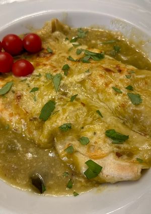 A picture of Chicken Poblano Enchiladas with Green Sauce.