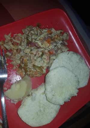 A picture of Boiled Yam Serve with Egg Sauce.