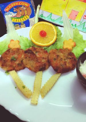 A picture of Chicken and corn cutlets.