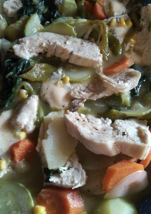 Una foto de Verduras y pollo al vapor
