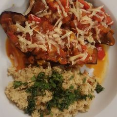 Baked aubergine and couscous A picture of Baked aubergine and couscous.