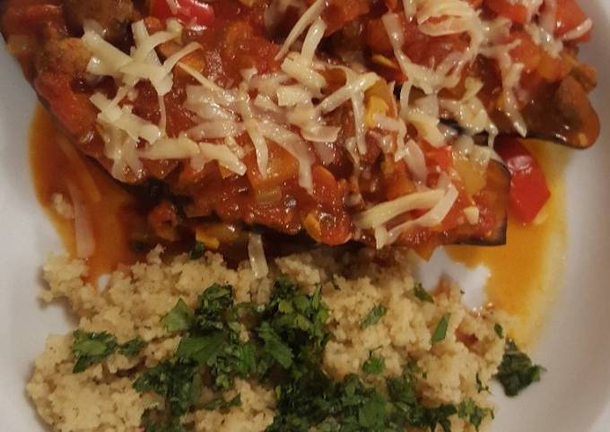 Baked aubergine and couscous