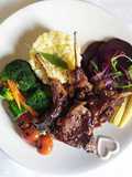Creamy samp with lamb chops and steamed veggies