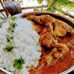 A picture of Chicken curry with white rice.