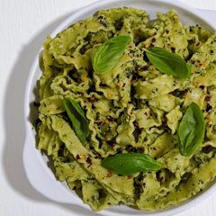 A picture of Mafaldine in Basil, Pumpkin Seed and Ricotta Pesto.