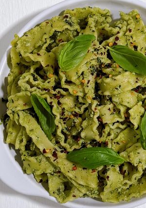 A picture of Mafaldine in Basil, Pumpkin Seed and Ricotta Pesto.