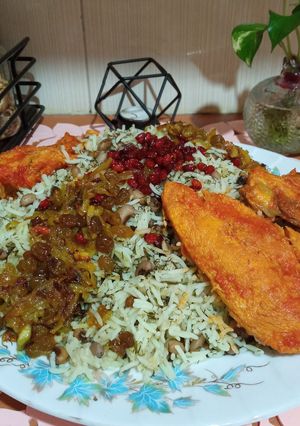 عکسی از دستور پلو لوبیا چشم‌بلبلی با مرغ