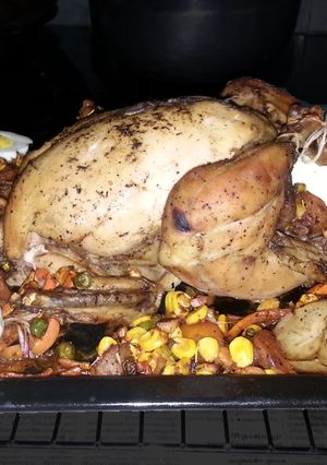 A picture of Roast stuffed chicken.