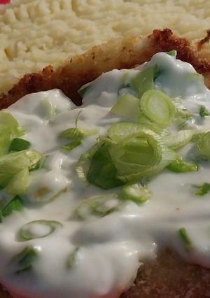 Una foto de Filet de pescado(pescadilla) empanado al horno con lacto emulsión de verdeo
