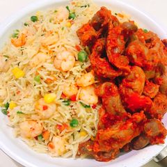 Shrimp stirred fried rice and peppered gizzards A picture of Shrimp stirred fried rice and peppered gizzards.