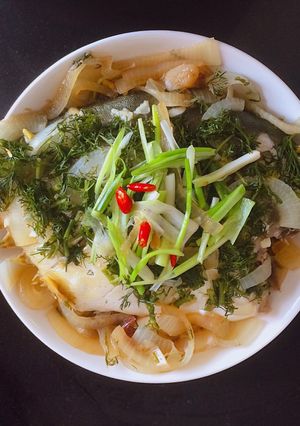 Hình của món Cá chim hấp xì dầu.
